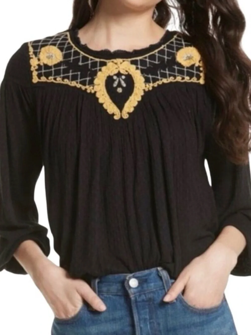 FREE PEOPLE Women's Boho Begonia Black Embroidered Bubble Hem Top Yellow Large